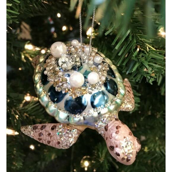 Sea Turtle Christmas Ornament Glass Aqua Blue Nautical Ocean Seaside Jeweled - Picture 2 of 7